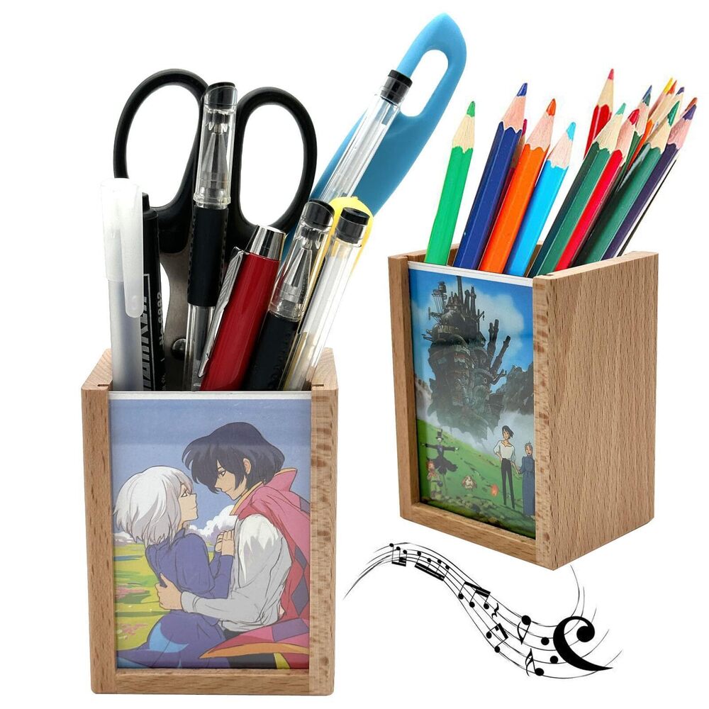 1752 Solid Wood Mini Photo Frame Pen Holder Wind Up Music Box for Desk